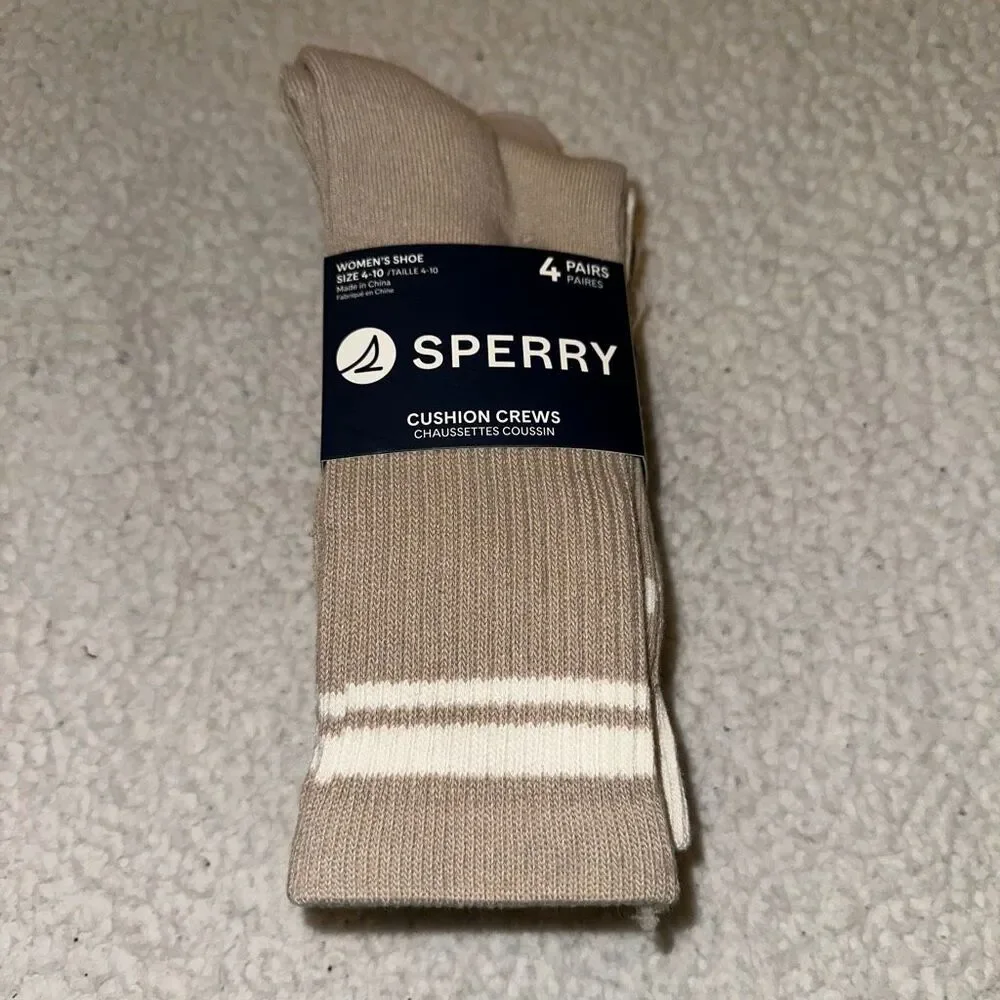 Sperry Women’s Cushion Crew Socks Pack of 4 Pairs Tan Cream White NWT